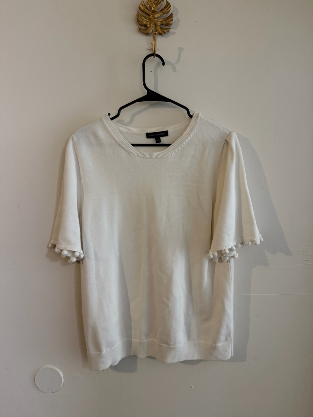 Banana Republic White Pom-Trim Short Sleeve Knit Top
